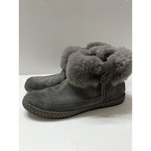 UGG Gray Suede Ankle Boots Faux Fur Trim Women's 7 Tassel Side Zip